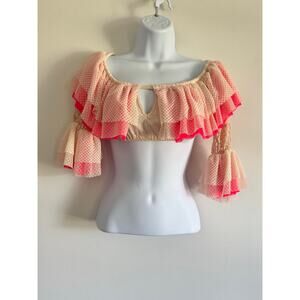 NWT HAH Festival Ruffle Crop Top Pink Lace Off Shoulder Boho Blouse coquette S
